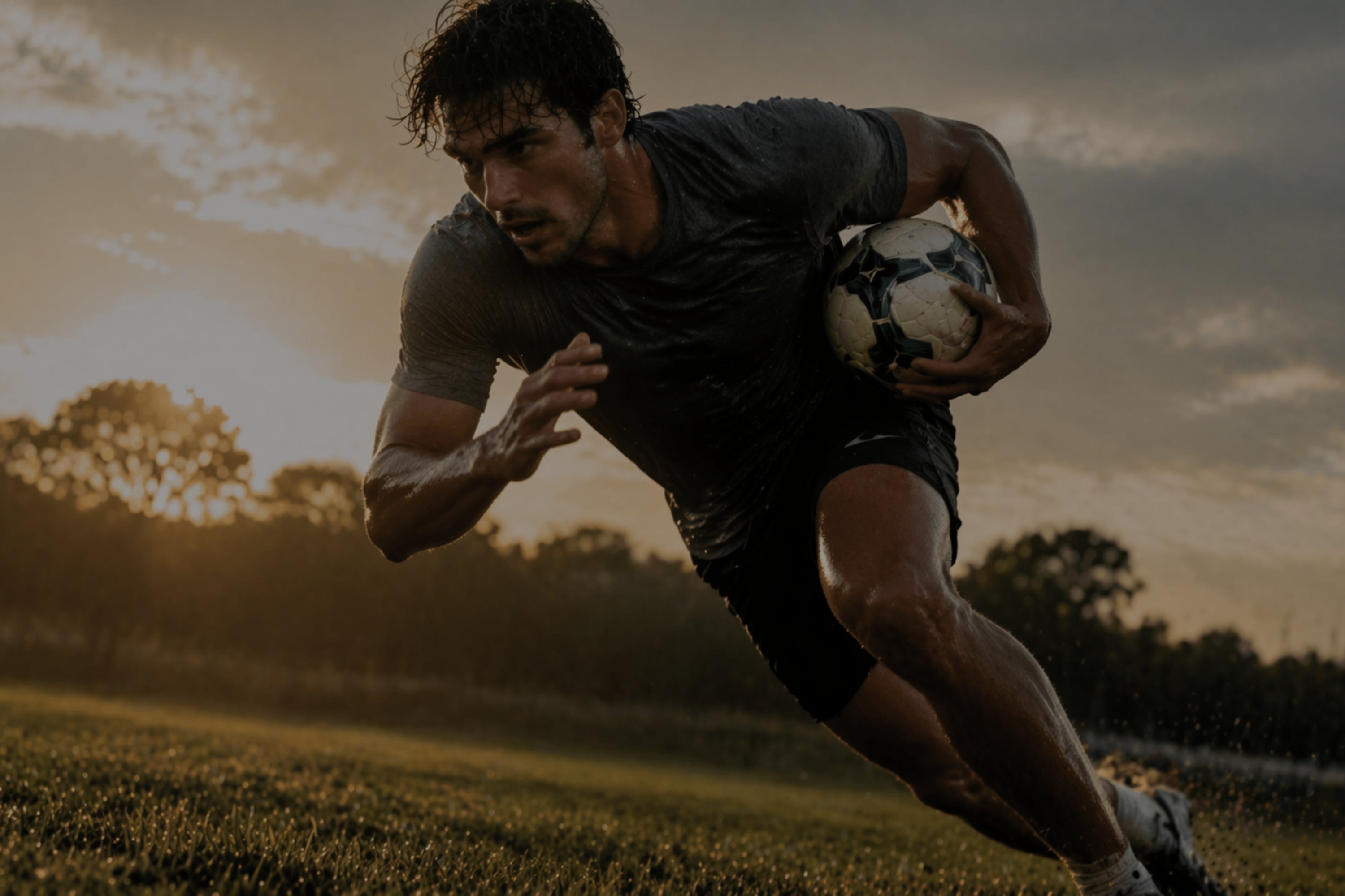 Man running with a soccer ball on a field at sunset
