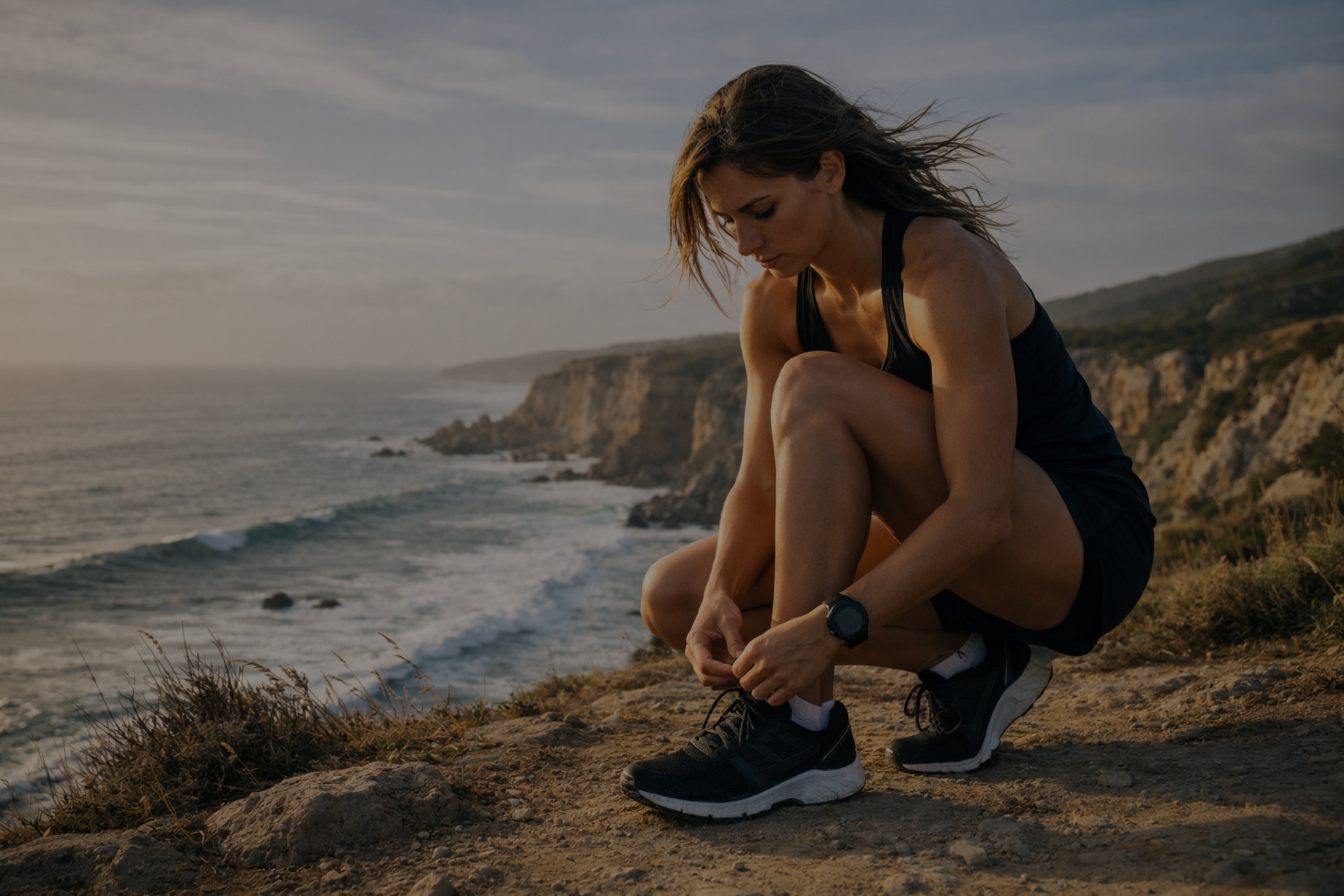 Woman tying her shoes on a cliff overlooking the ocean.